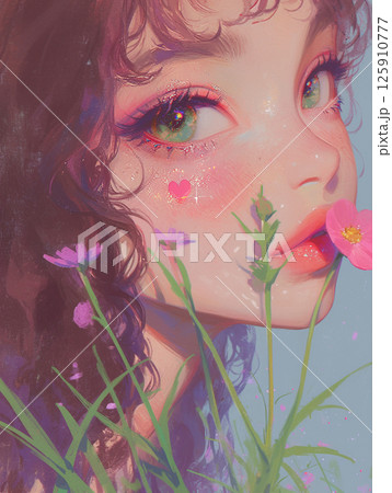 花と瞳に映る光|幻想的な少女の横顔イラスト 花と瞳に映る光|幻想的な少女の横顔イラスト 125910777