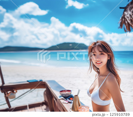 海岸のカフェ_ビキニの女性6 125910789