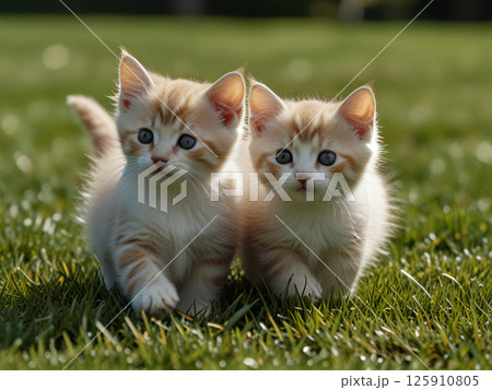 芝生の広場を走る仔猫 125910805