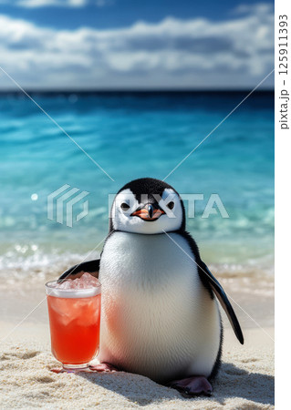 penguin with a cute face relaxing on a beautiful beach with a cocktail. 125911393