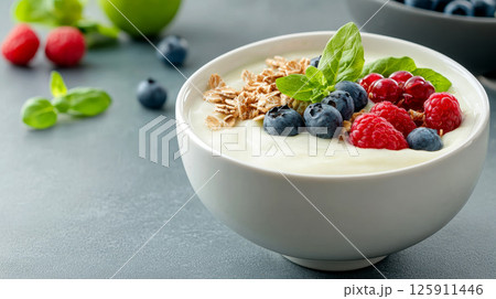 Fresh Healthy Breakfast Bowl with Creamy yogurt bowl topped and fresh berries. 125911446