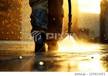 Worker is cleaning a concrete driveway with a pressure washer. generative ai Worker is cleaning a concrete driveway with a pressure washer. generative ai 125911451