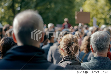 a diverse crowd of people with their backs turned at an outdoor event listening attentively to the speaker, the scene is one of unity and diversity. 125911478