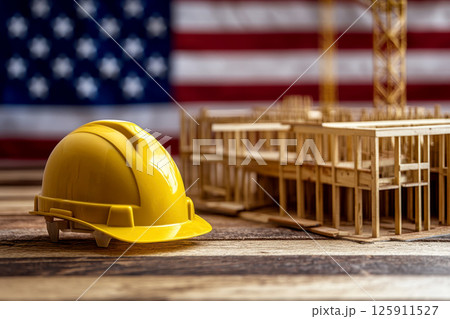 A minimalist Labor Day background with a simple, clean design of a hard hat resting on an American flag, set on a white backdrop. 125911527