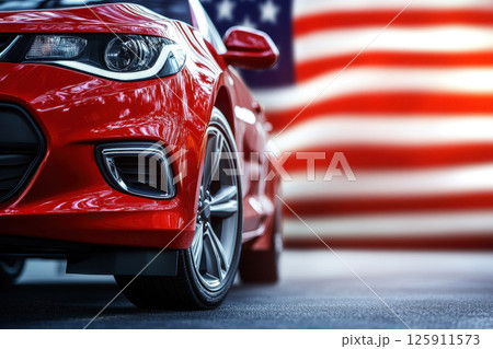 Flag of the United States of America and a modern car. car tariffs tax concept Flag of the United States of America and a modern car. car tariffs tax concept 125911573