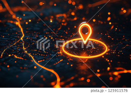 close up A glowing location gps pin around circles. 125911576