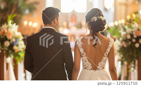 新郎新婦の後ろ姿と花道 125911710