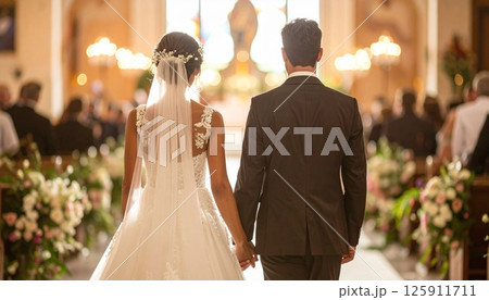 新郎新婦の後ろ姿と花道 新郎新婦の後ろ姿と花道 125911711