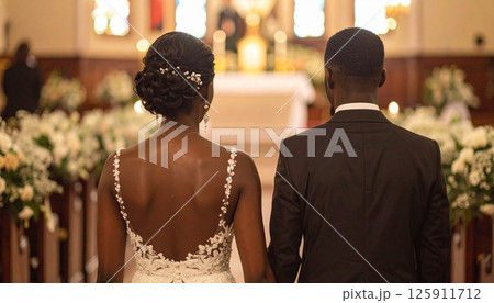 新郎新婦の後ろ姿と花道 新郎新婦の後ろ姿と花道 125911712