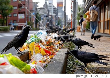 街中でゴミを荒らすカラスと増え続ける都市の環境問題 街中でゴミを荒らすカラスと増え続ける都市の環境問題 125911894
