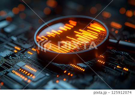 Magnifying glass revealing intricate details of circuit board  125912074
