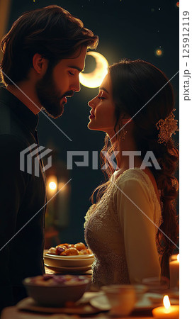 Romantic couple sharing an intimate moment during a candlelit dinner Romantic couple sharing an intimate moment during a candlelit dinner 125912119