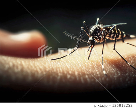 Mosquito perched on human skin with a focus on its intricate features and healthy living concept 125912252