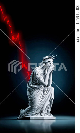Statue of Liberty in despair with a falling graph symbolizing economic crisis concept 125912300