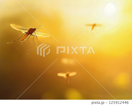 Golden sunset with flying insects creating a...のイラスト素材 [125912446] - PIXTA
