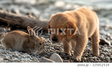 仲良しのゴールデンレトリーバーとウサギ 仲良しのゴールデンレトリーバーとウサギ 125912519