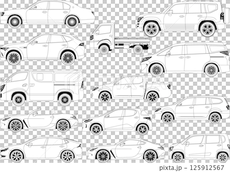 一組各種體型的汽車側視圖單色插圖 125912567