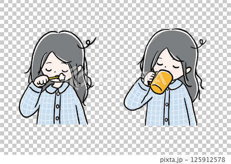 パジャマ姿のロングヘアーの女性の朝の歯磨き・コーヒーを飲む姿 セット パジャマ姿のロングヘアーの女性の朝の歯磨き・コーヒーを飲む姿 セット 125912578