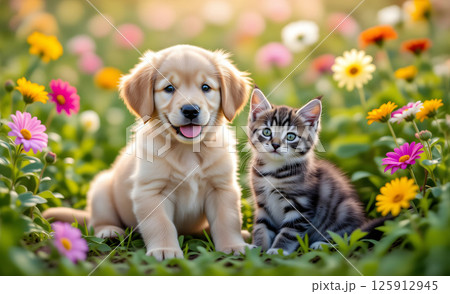 花畑で寄り添うゴールデンレトリバーの子犬とトラ猫 花畑で寄り添うゴールデンレトリバーの子犬とトラ猫 125912945