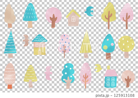Scandinavian style cute trees and houses illustration set 125913108