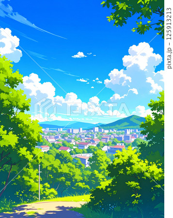新緑と町並み 125913213