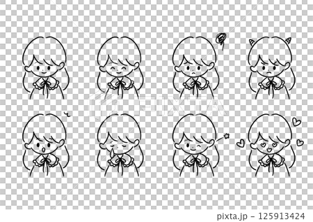 Various expressions of a woman with long hair and a frilly collar - Line drawing set 125913424