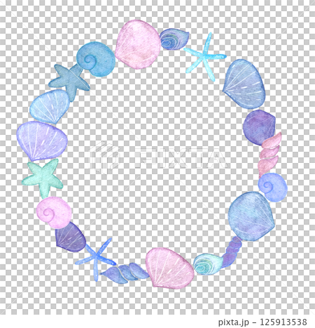 カラフル　貝殻　水彩　フレーム　イラスト 125913538