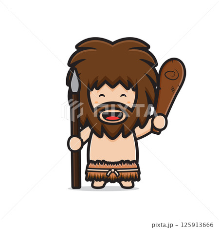 Cute primitive caveman holding cudgel and spear cartoon icon clip art illustration Cute primitive caveman holding cudgel and spear cartoon icon clip art illustration 125913666