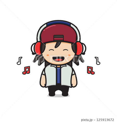 Cute boy listening music with headphones cartoon icon illustration 125913672