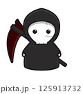 Cute grim reaper mascot character with red scythe vector cartoon icon illustration 125913732
