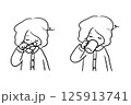 パジャマ姿のボブヘアーの女の子の朝の歯磨き・コーヒーを飲む姿　線画セット 125913741