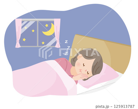 ベットでぐっすり眠る中年女性のイラスト素材 125913787