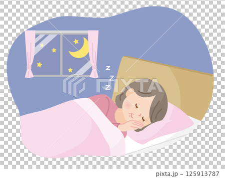 ベットでぐっすり眠る中年女性のイラスト素材 125913787