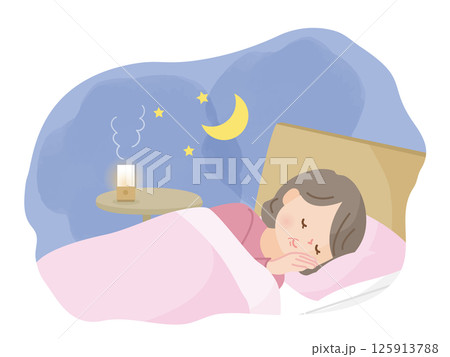 ベットでぐっすり眠る中年女性のイラスト素材 125913788
