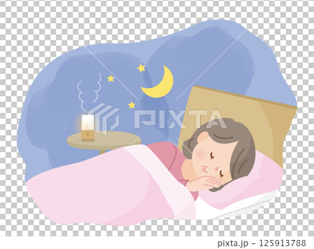 ベットでぐっすり眠る中年女性のイラスト素材 125913788