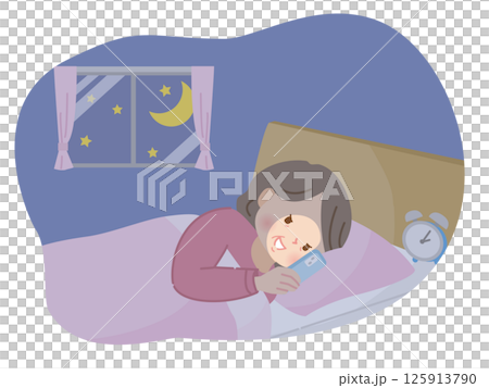 夜ベッドの中でスマホを見る中年女性のイラスト 125913790