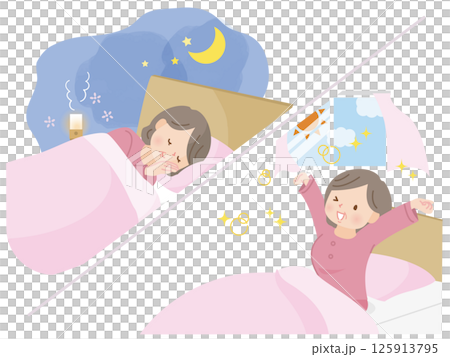 Illustration of a middle-aged woman who sleeps soundly and wakes up refreshed 125913795