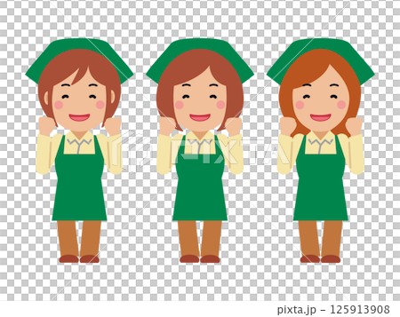 A young woman in a green apron smiling and saying "I'll do my best" 125913908