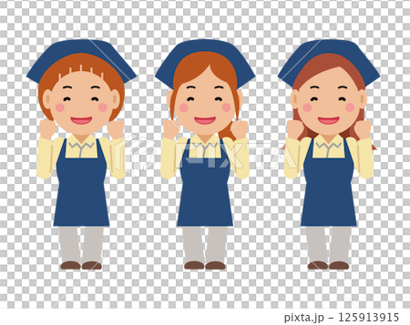 がんばりますと笑顔の紺色エプロンの若い女性。その2 125913915