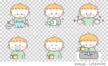 Illustration set of a boy washing his hands and gargling 125914109