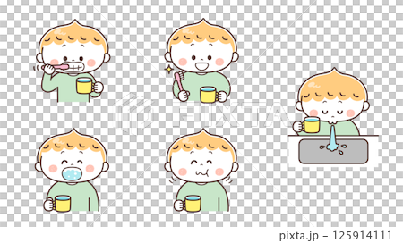 Illustration set of a boy brushing his teeth and gargling 125914111
