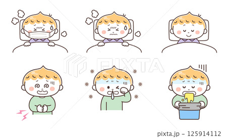 体調不良の男の子のイラストセット 体調不良の男の子のイラストセット 125914112
