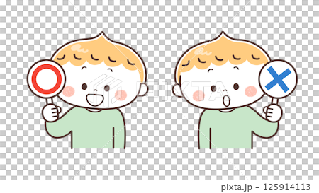 一個男孩拿著通過/不通過卡片的插圖 一個男孩拿著通過/不通過卡片的插圖 125914113