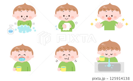 手洗い･うがいをする男の子のイラストセット 125914138