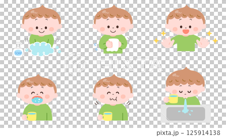 Illustration set of a boy washing his hands and gargling 125914138