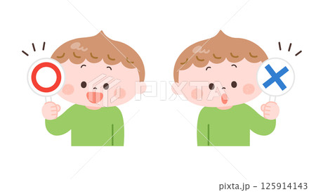 マル･バツの札を持つ男の子のイラスト 125914143