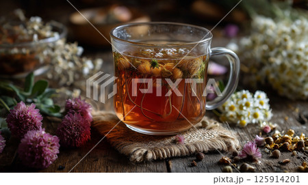 Glass of fresh and hot herbal tea  125914201