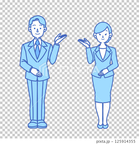 穿著西裝的男人和女人指示方向的插圖 穿著西裝的男人和女人指示方向的插圖 125914355