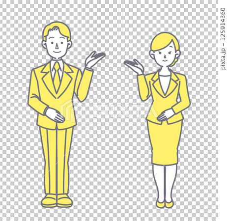 Illustration of a man and woman in a suit giving directions 125914360