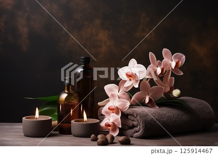Beautiful spa composition. Couple Towels With Candles And Orchid For Natural Massage 125914467